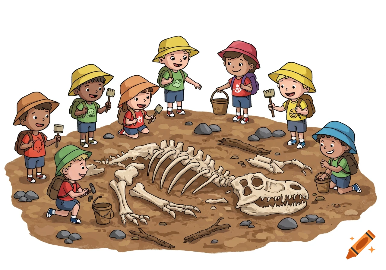 Cartoon illustration of diverse children on a fossil field trip, using  tools to excavate a dinosaur skeleton on a dirt mound. on Craiyon, image size:1280x896