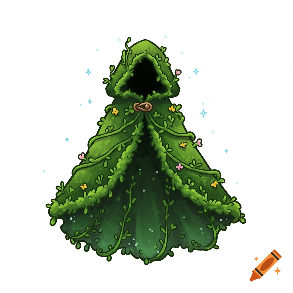 A magical green cloak made of vines and moss, adorned with small flowers and a wooden clasp, against a white background in an illustrative style.