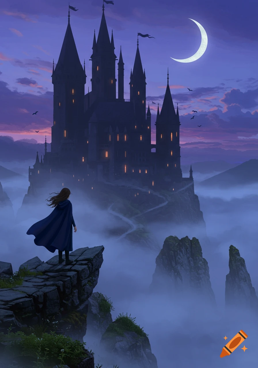 A girl in a blue cloak on a cliff looks at a spired castle in mist under a crescent moon at dusk.