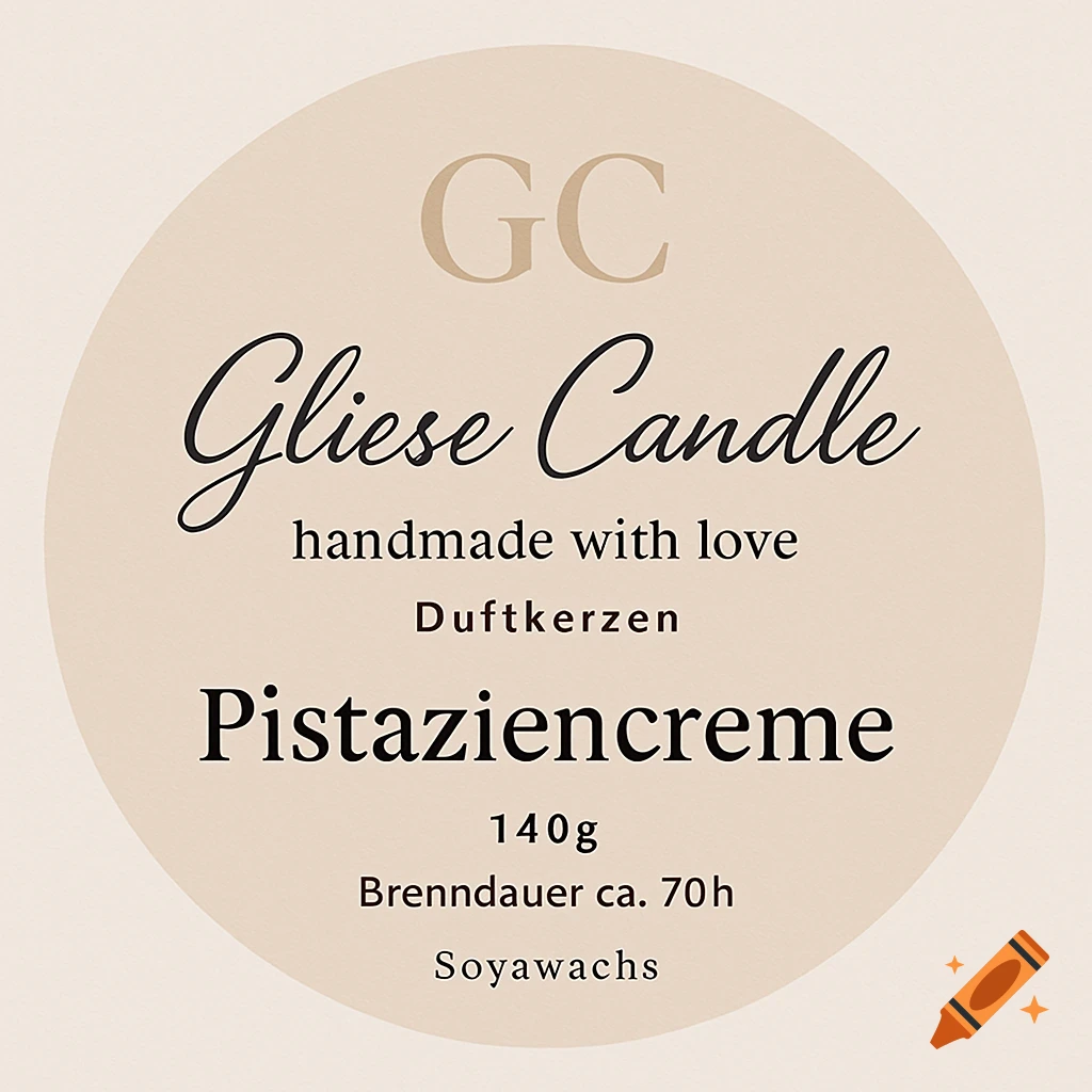 A round, beige product label for Gliese Candle 'Pistaziencreme' with elegant black and lighter text, showing weight and burn time.