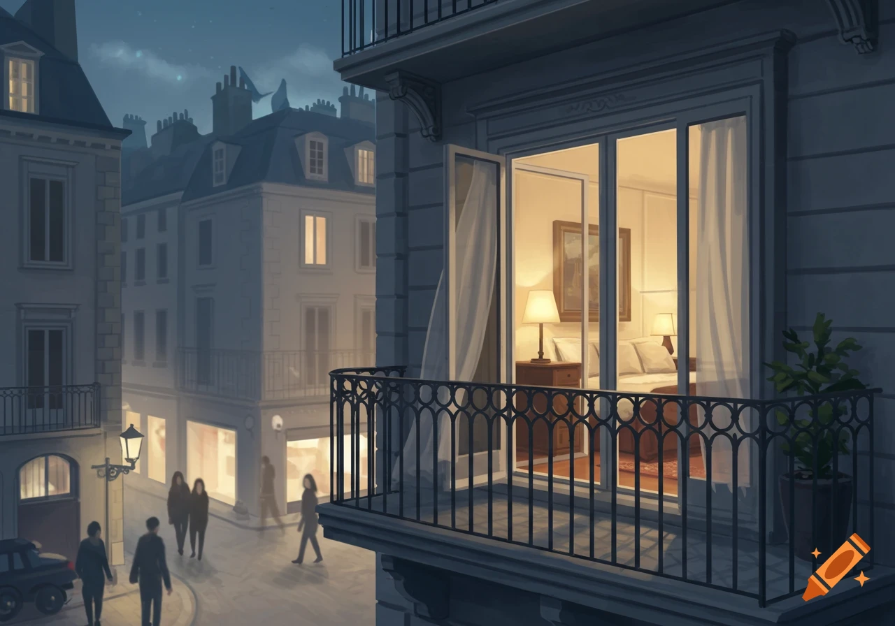 An illustrative view of a European city street at dusk, seen from a balcony. Buildings with lit windows line the street below, where people walk.