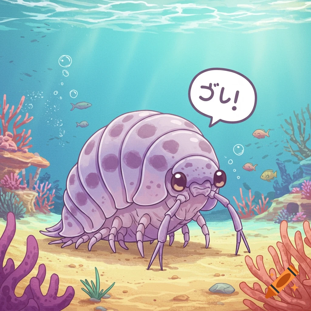 A cute purple giant isopod with big eyes underwater, surrounded by coral and small fish, speaking in a cartoon illustration.