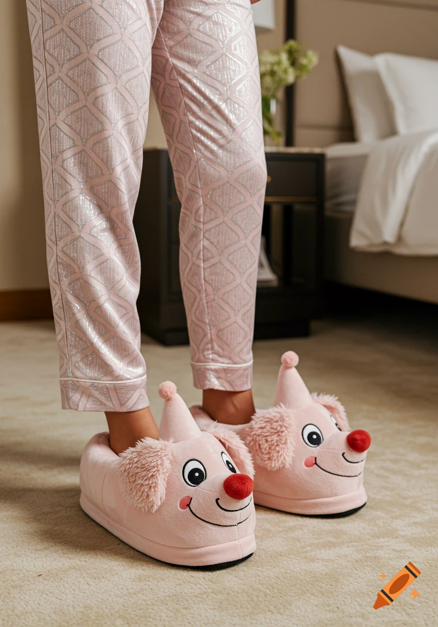 A person's legs in shiny pink patterned pajamas and large pink puppy animal slippers stand on a light-colored carpet in a bedroom.