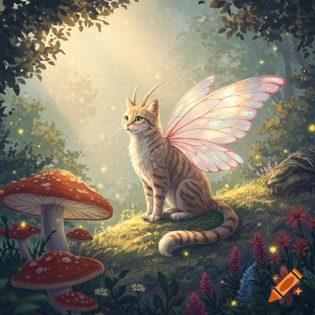 A whimsical tabby cat with iridescent fairy wings and antennae sits on a grassy mound in a sun-dappled magical forest with spotted mushrooms and glowing particles.
