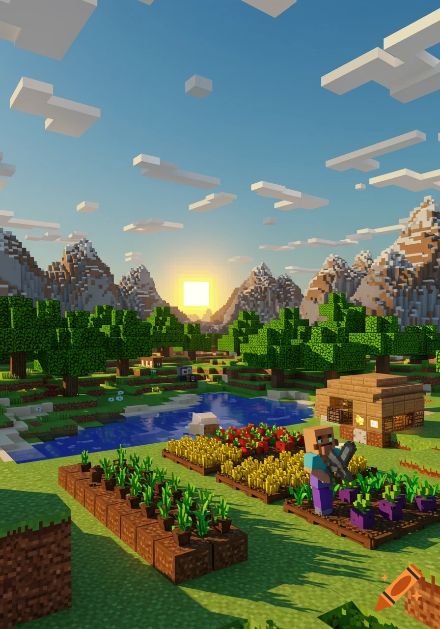 A vibrant Minecraft-style landscape at sunrise, featuring blocky mountains, a river, lush trees, cultivated fields with crops, a small wooden house, and a villager.