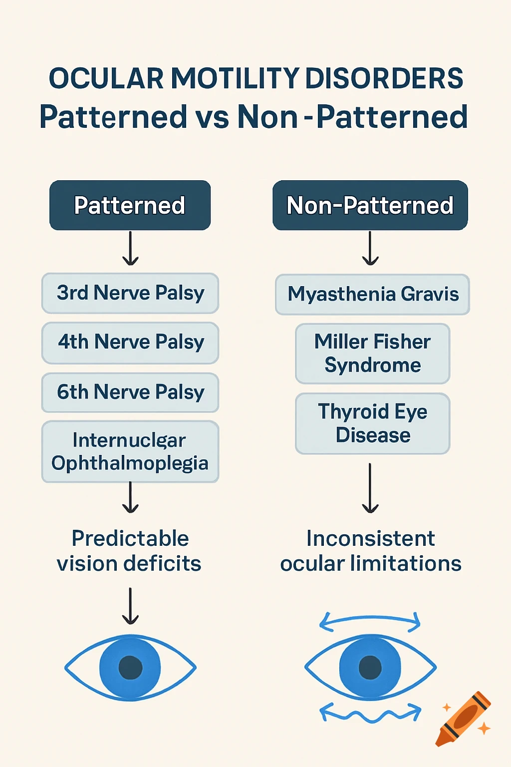 A medical flowchart titled "Ocular Motility Disorders: Patterned vs Non-Patterned." It lists causes like nerve palsies with predictable vision deficits and Myasthenia Gravis with inconsistent ocular limitations, using text and eye diagrams.