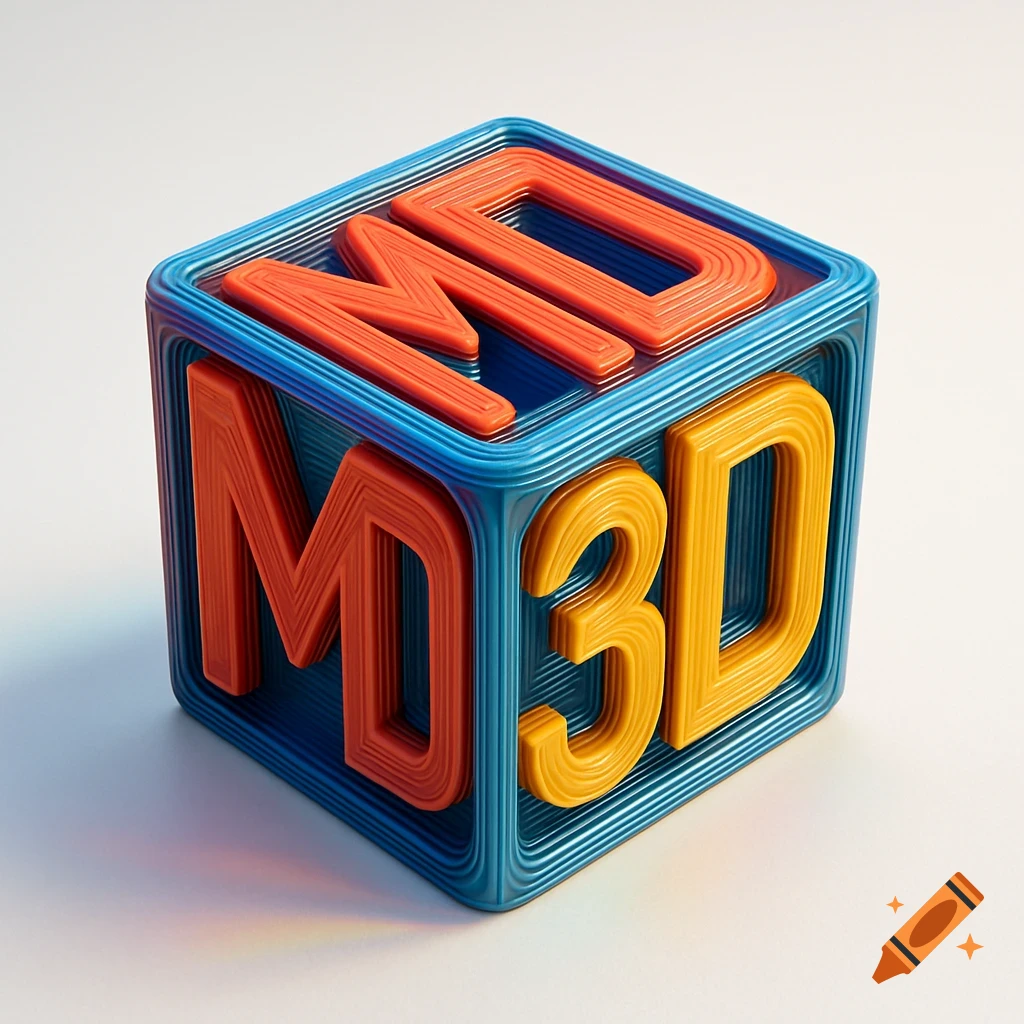 A blue 3D printed cube with orange "MD" letters on top and orange "M" and yellow "3D" letters on the front, casting a colorful shadow.