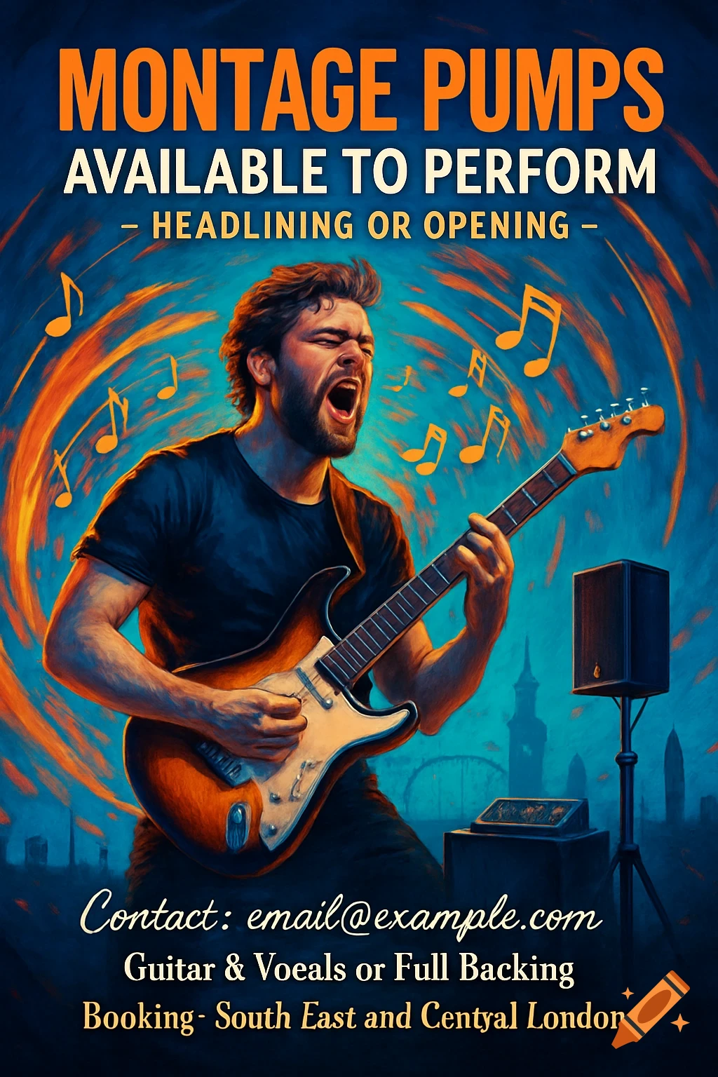 A stylized illustration of a male guitarist singing passionately with an electric guitar, surrounded by musical notes and an orange-blue swirl. Text advertises "Montage Pumps" performances.