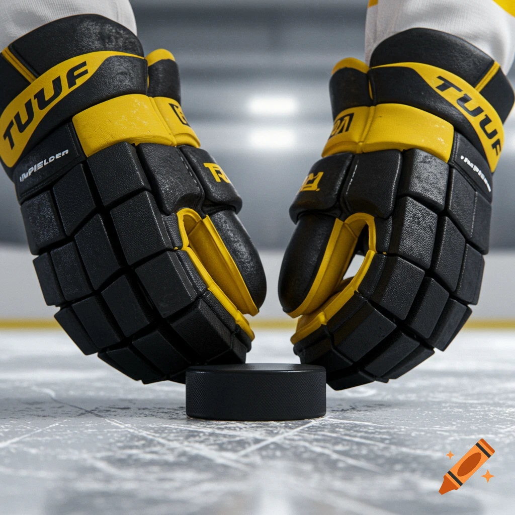 Photorealistic close-up of black and yellow hockey gloves hovering over a black puck on an ice rink.