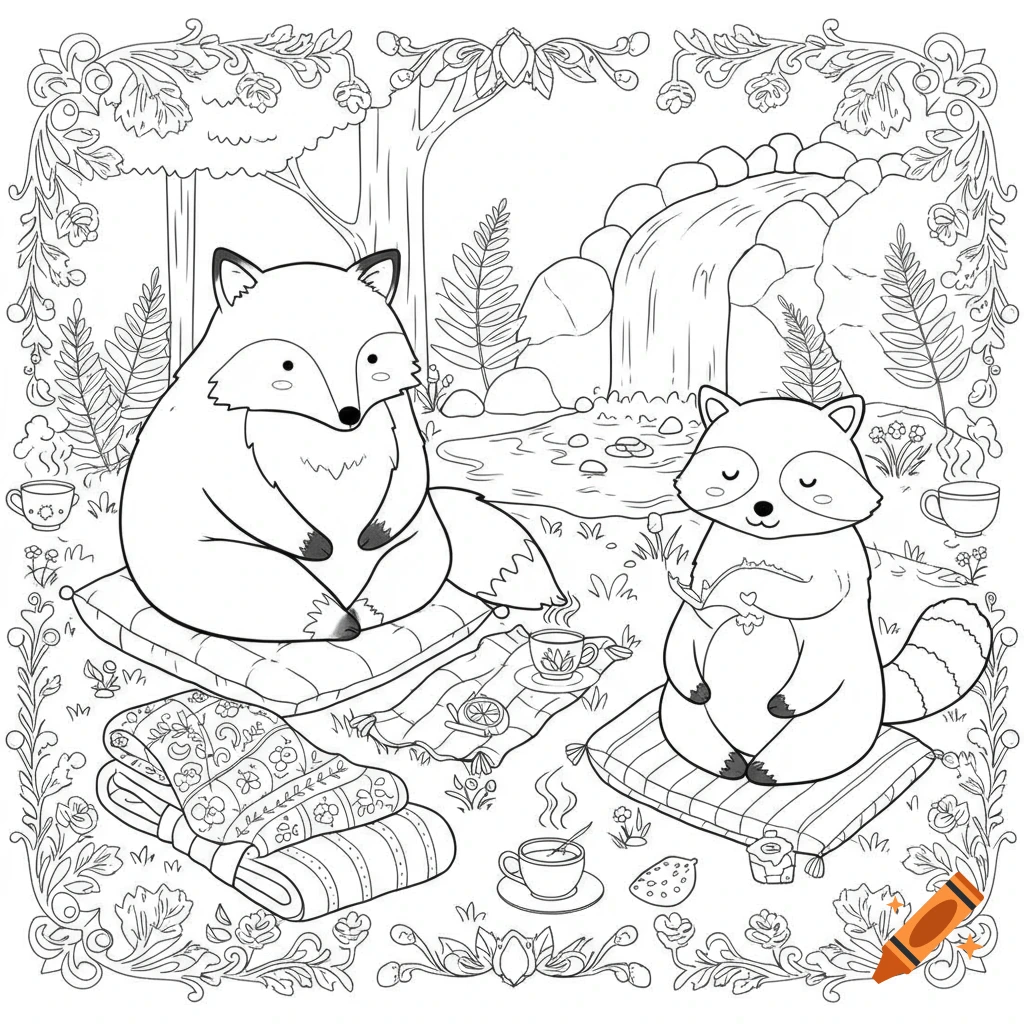 Black and white line art coloring page of a fox and a raccoon enjoying tea by a waterfall, surrounded by cozy blankets and nature.
