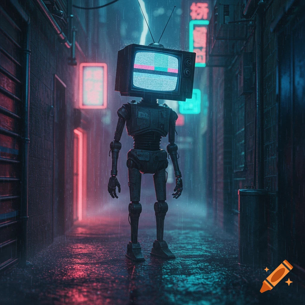 A melancholic TV-headed robot stands in a dark, rainy cyberpunk alley illuminated by neon signs.