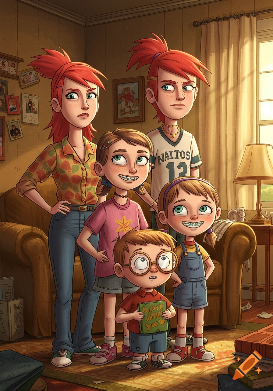 A cartoon family portrait in a living room, featuring two adult red-haired women and three children. The characters have an animated, stylized appearance.