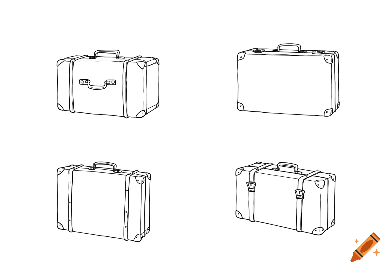 Four line art drawings of vintage suitcases on a white background.