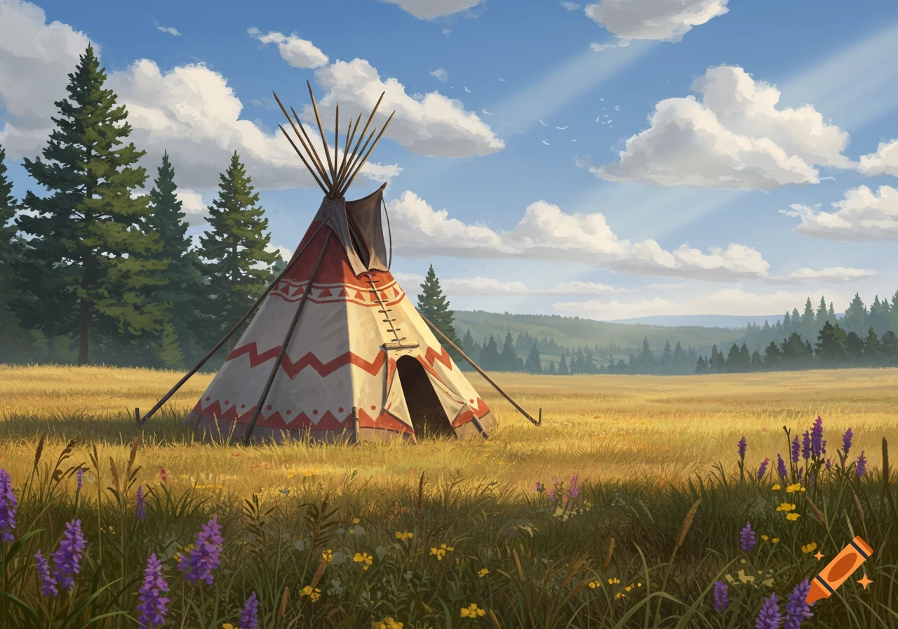 A colorful tipi with red and white patterns stands in a vast golden meadow under a blue sky with fluffy white clouds, surrounded by pine trees and distant hills.