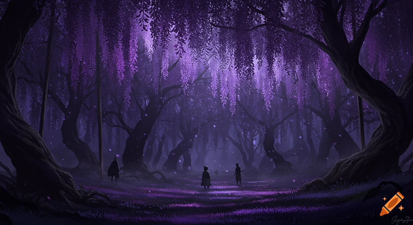 Anime style illustration of a dark purple wisteria forest with glowing flowers and three cloaked figures walking through.