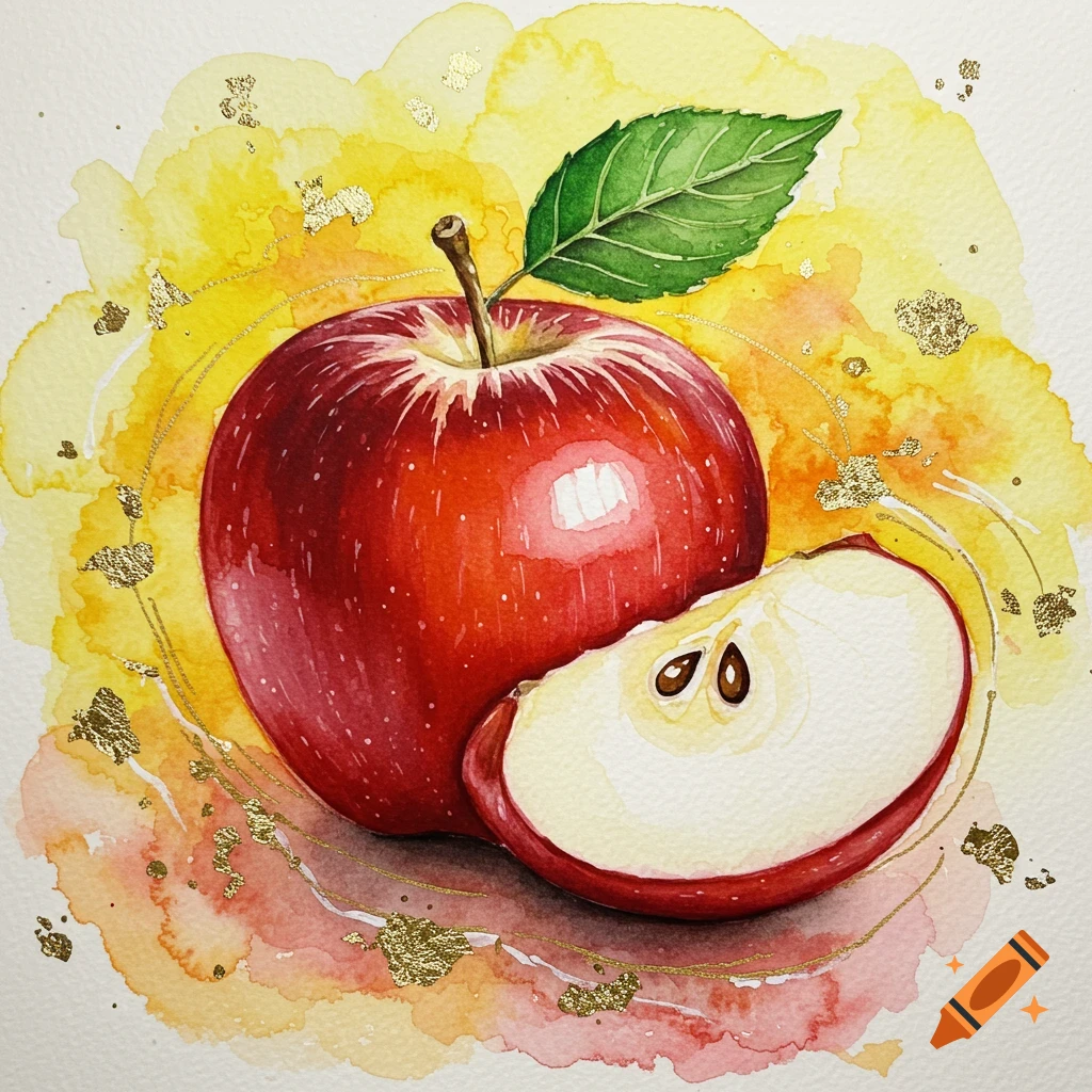 Vibrant watercolor painting of a red apple and a slice with seeds, highlighted with gold leaf accents.