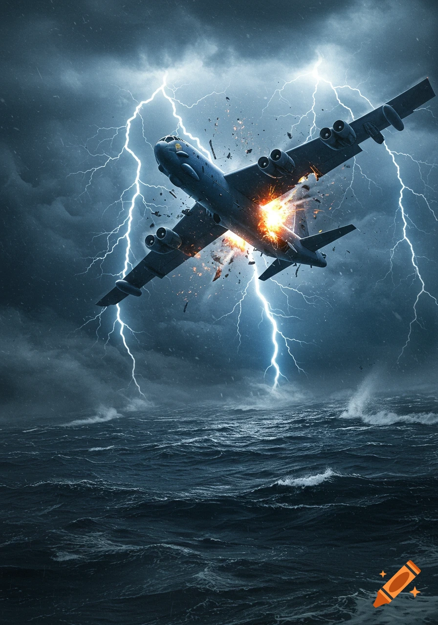 A large bomber airplane explodes after being struck by lightning over a dark, stormy ocean.