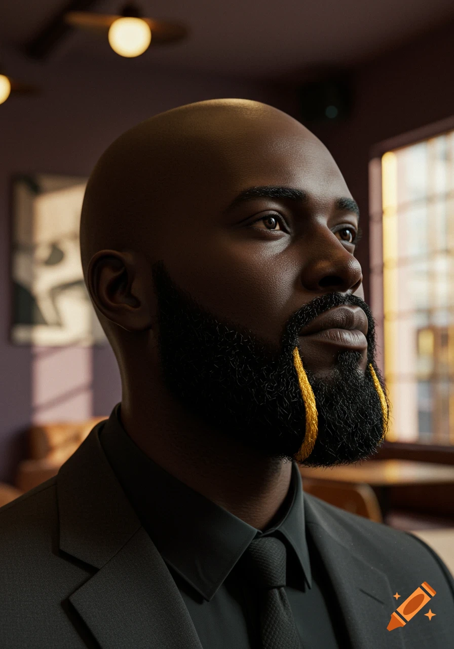 Photorealistic portrait of a bald black man with a black beard and a blonde stripe, wearing a dark suit and tie, looking up.