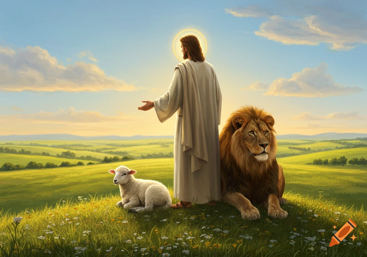Jesus Christ with a glowing halo stands in a grassy field with a lion to his right and a lamb to his left, under a blue sky.