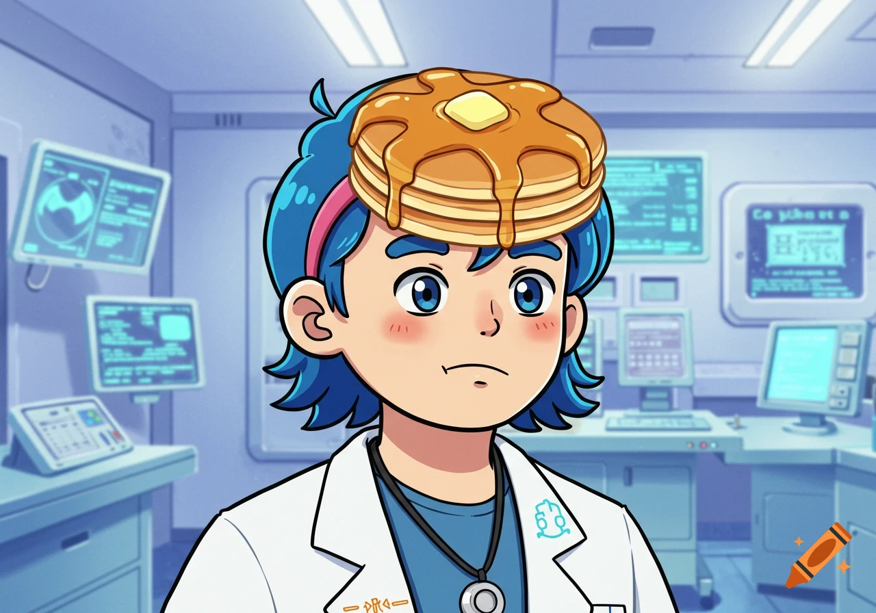 Anime-style doctor with blue hair, wearing a lab coat and stethoscope, with a stack of pancakes on their head, in a lab.