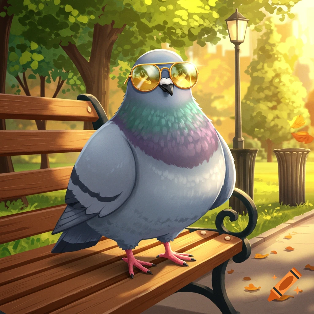A cartoon pigeon wearing yellow sunglasses sits on a park bench in a vibrant 2D drawing.