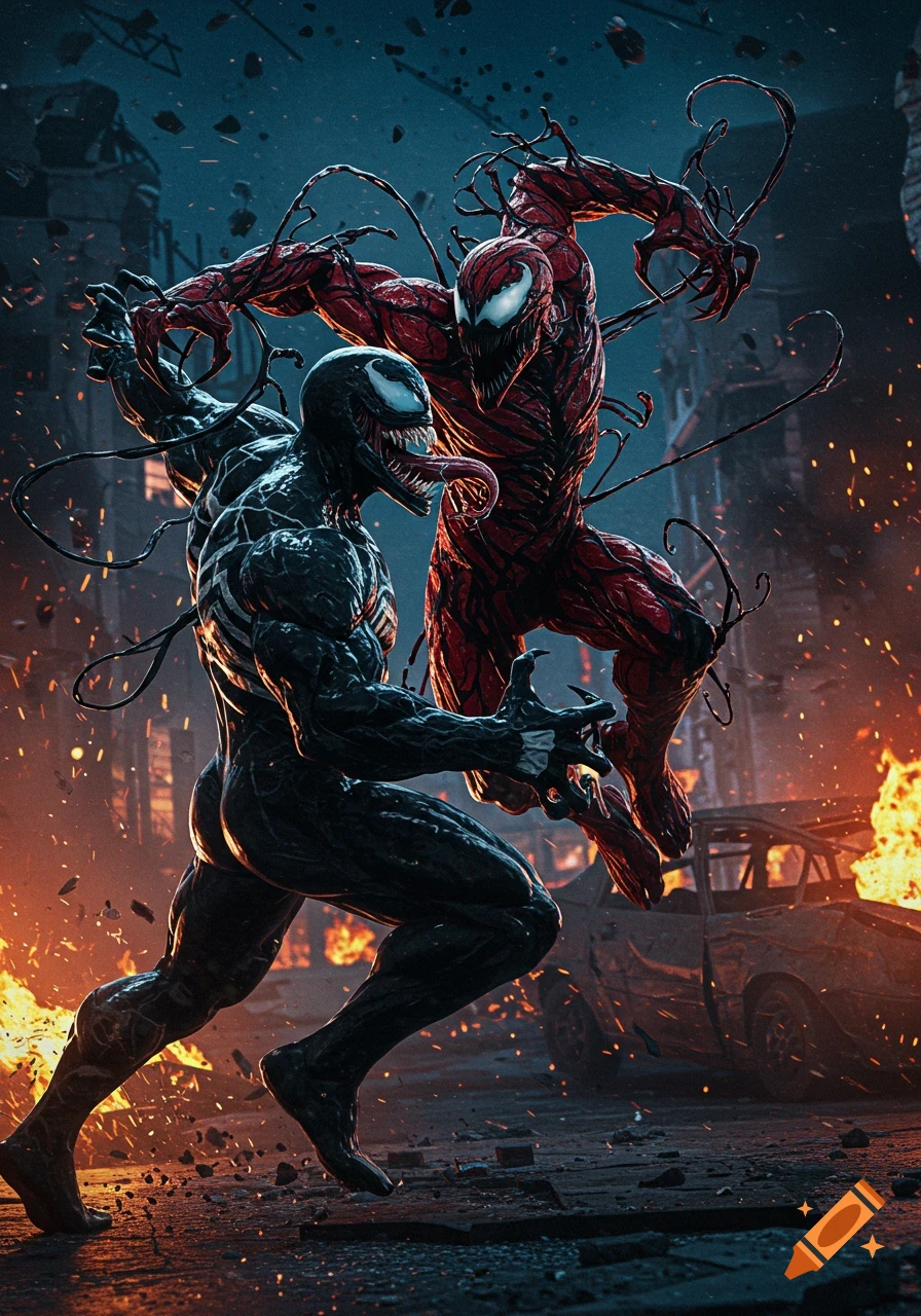 Black Venom and red Carnage symbiotes clash dynamically in a burning, ruined city, debris flying in a detailed comic book style.