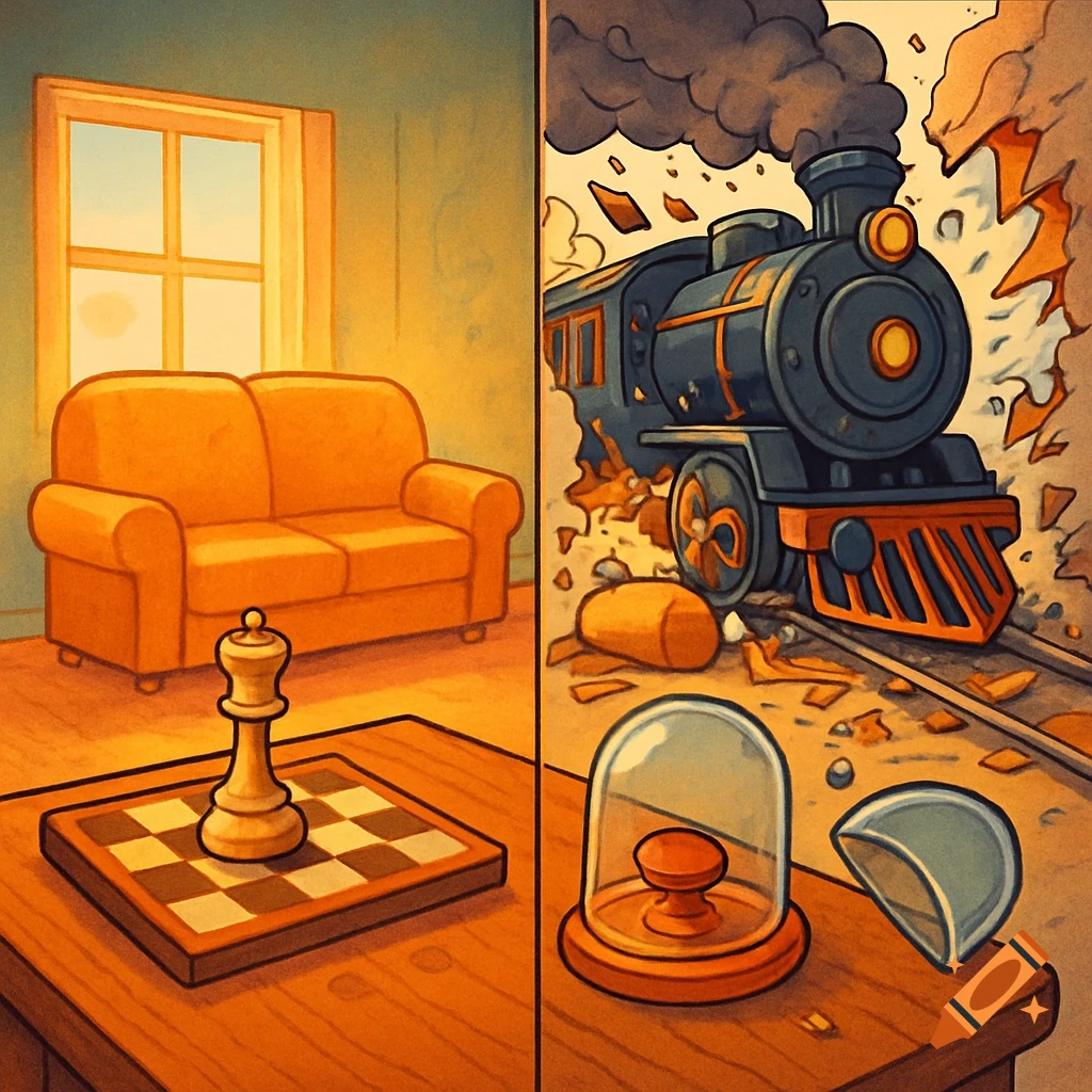 A cartoon split image shows a living room with a couch and chess set, next to a train crashing through a wall.