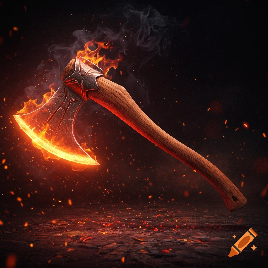 A fiery axe with a wooden handle glows brightly, surrounded by embers and smoke against a dark, textured background.