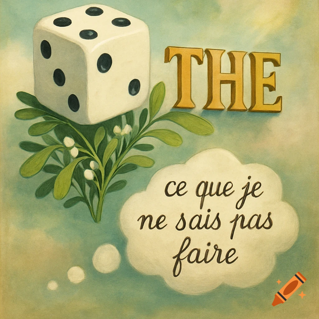An illustration of a white dice on mistletoe, with the gold word 'THE' and a thought bubble saying 'ce que je ne sais pas faire'.