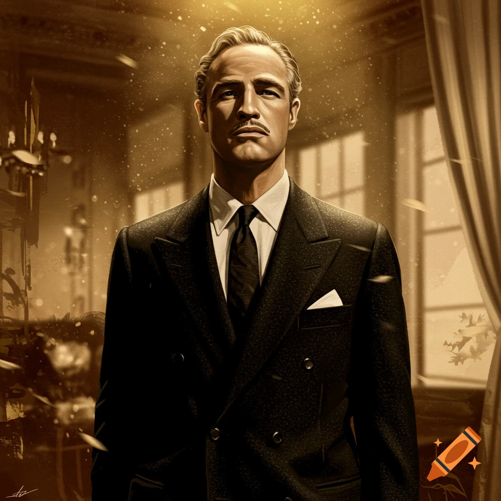 A man resembling Marlon Brando in a black suit stands in a grand, dimly lit room, illuminated by a warm light from above, in a vintage style.