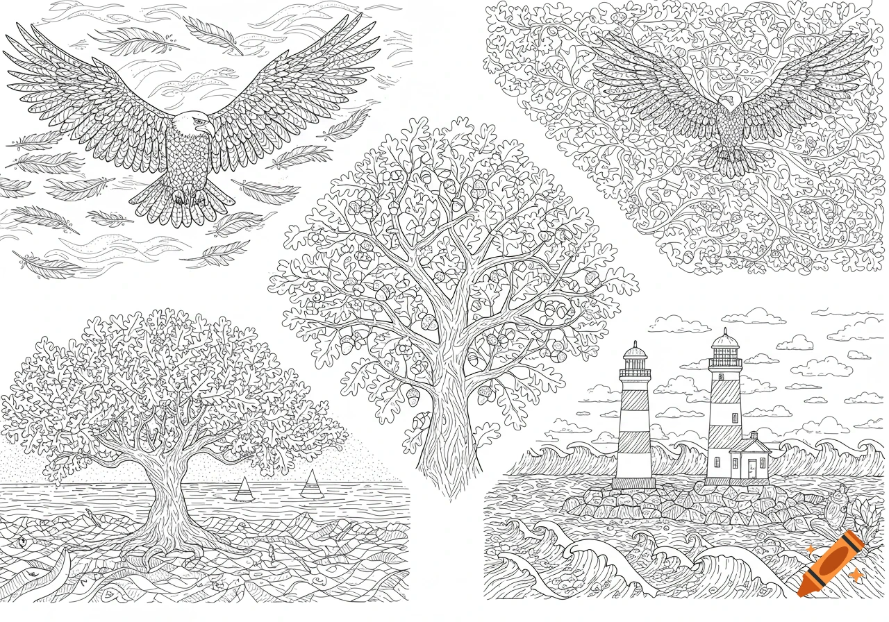 A black and white coloring page featuring an eagle, oak trees, lighthouses, and ocean waves.