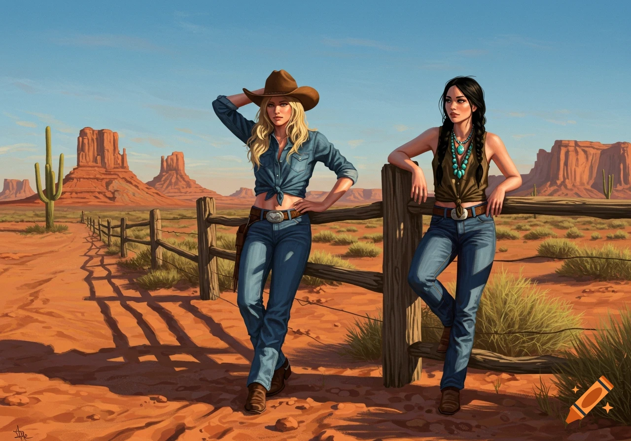 Two cowgirls in jeans and hats stand by a wooden fence in a sunny desert with mesa formations and a cactus, digital art.