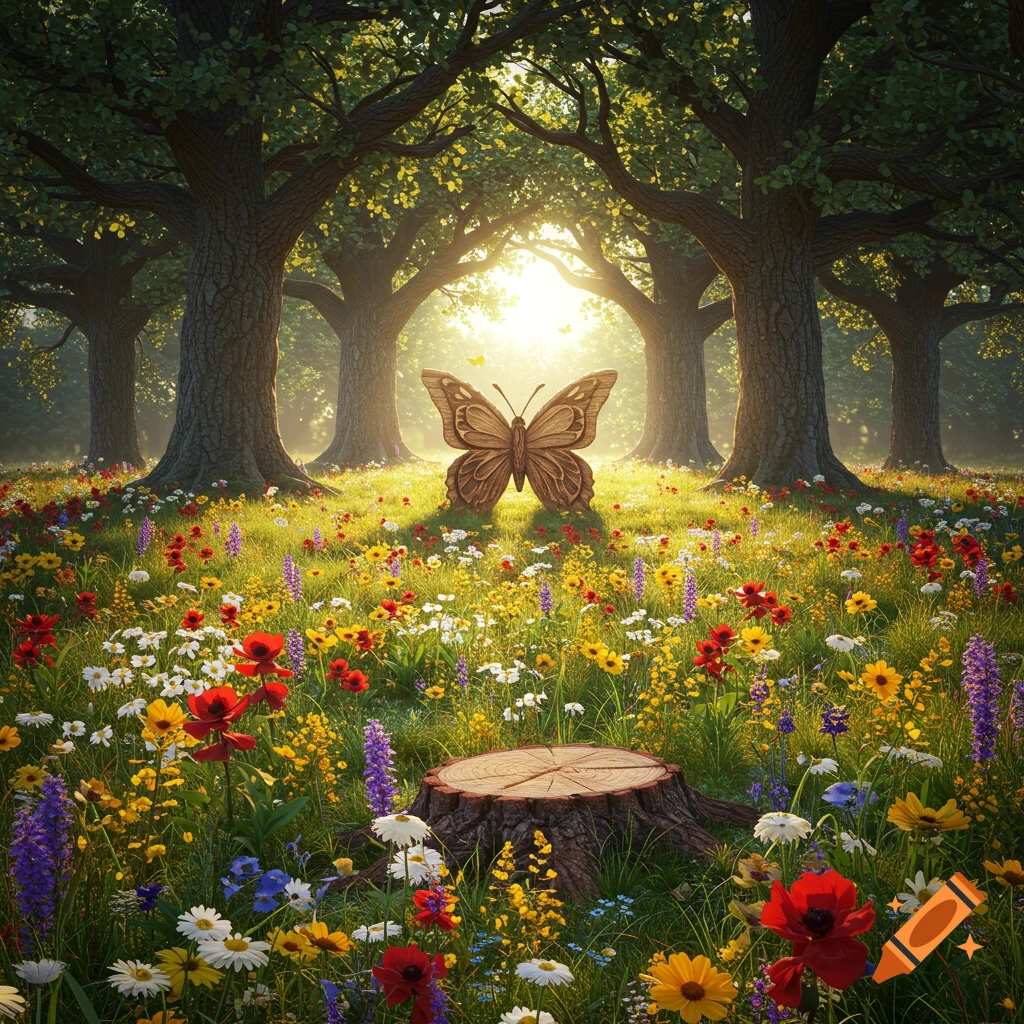 A sunlit meadow full of colorful wildflowers, surrounded by trees, with a large wooden butterfly carved from a tree stump.