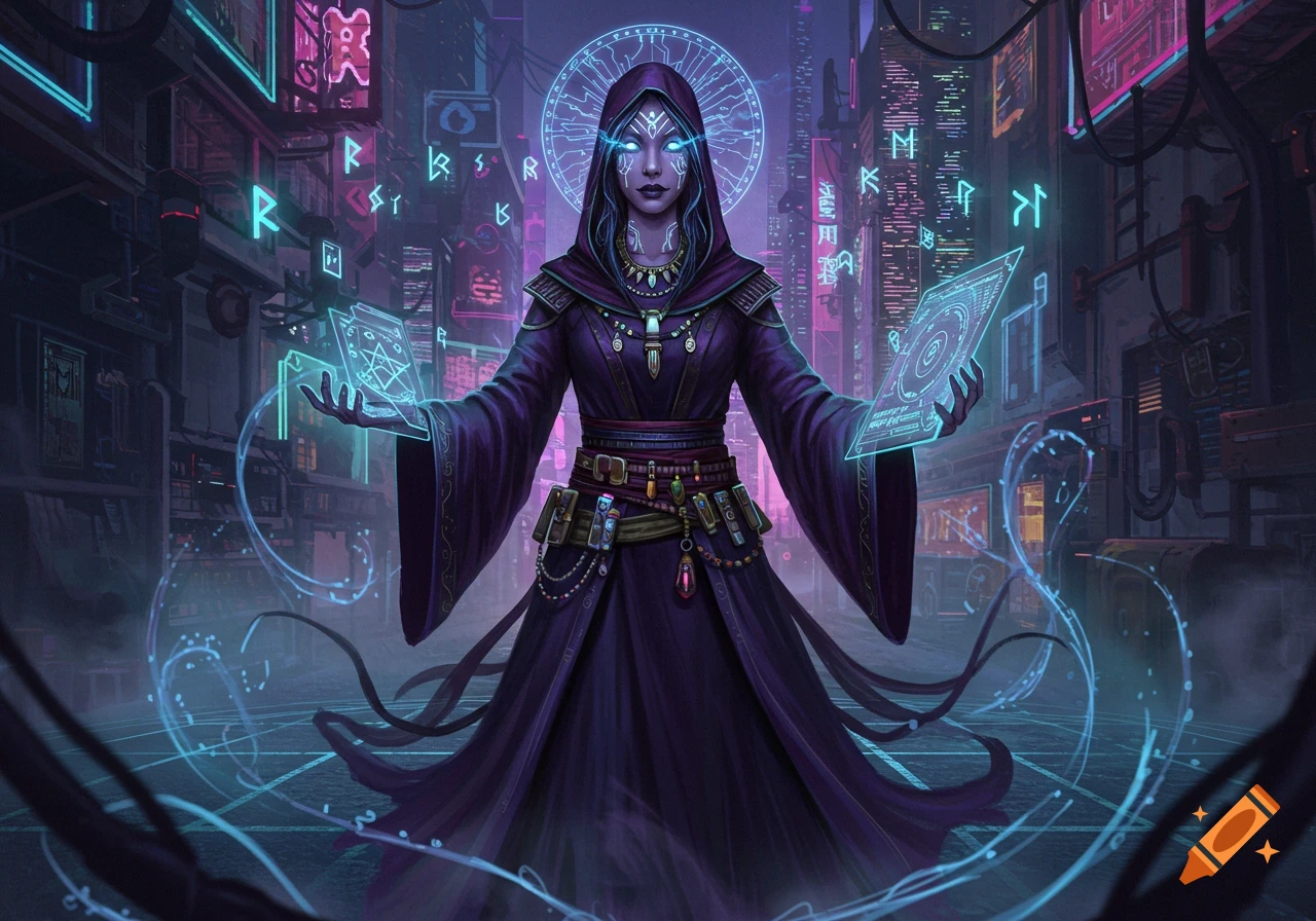 A hooded tech witch with glowing eyes and magical runes levitating in a neon cyberpunk city, holding glowing tablets.