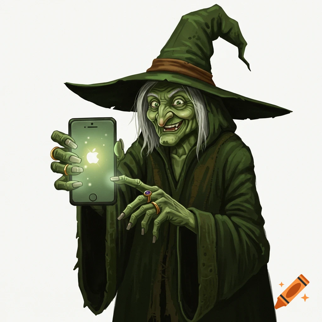An old green witch in a dark robe and hat holds up a glowing smartphone, smiling wickedly against a white background, in an illustrative style.