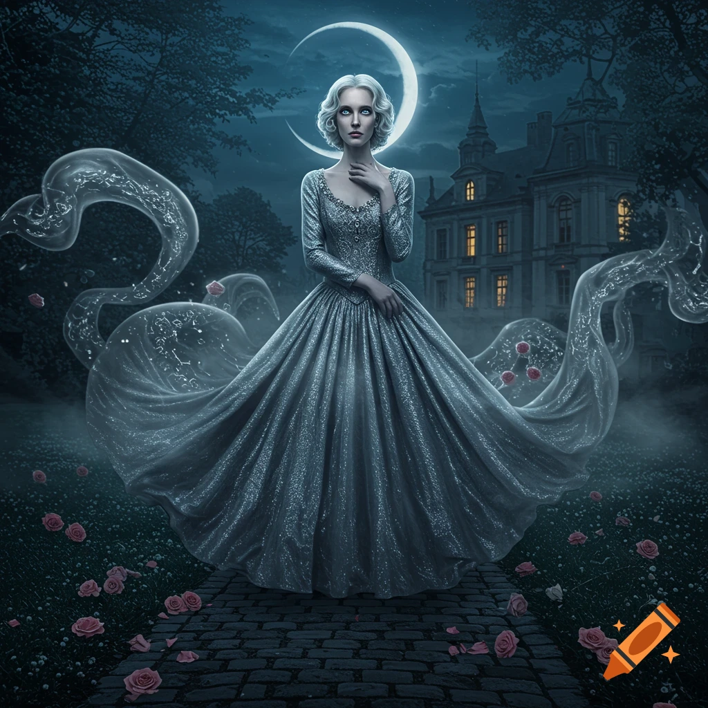 A pale woman in a shimmering silver gown stands in a dark, misty forest at night with a gothic mansion and crescent moon behind her. Pink roses are scattered on the ground.