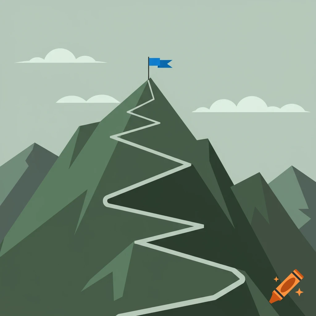 A minimalist illustration of a winding path up a green mountain, topped with a blue flag under a grey sky with clouds.