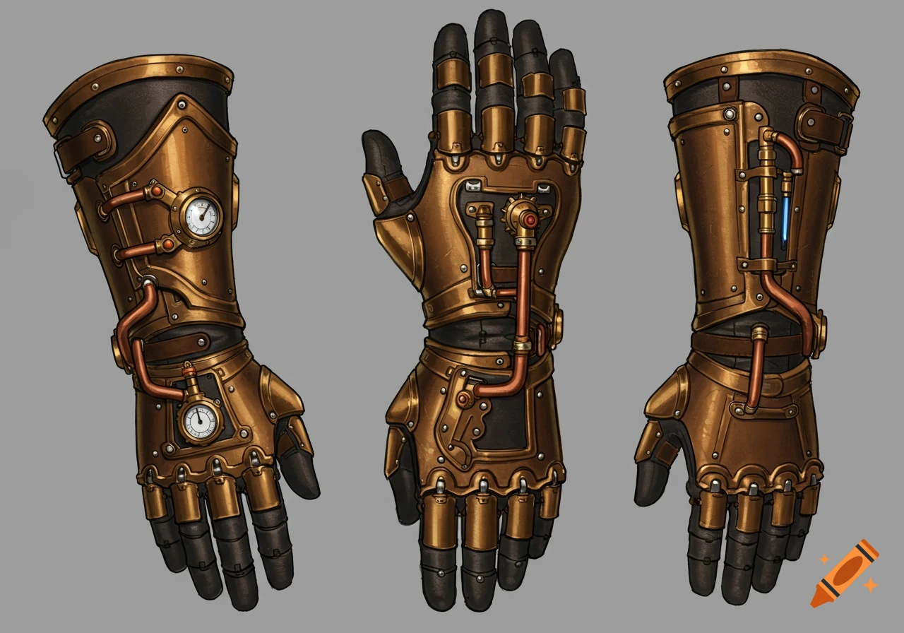 Three views of intricately detailed steampunk gauntlets made of brass, copper, and dark leather with gears, pipes, and dials.