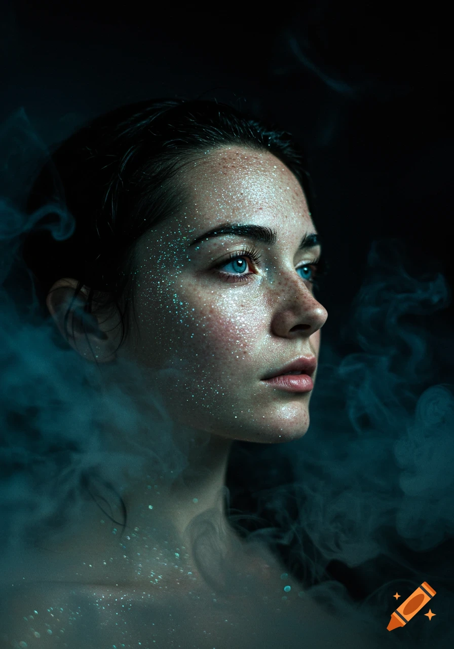 Close-up portrait of a woman with blue eyes, freckles, and shimmering glitter on her face, surrounded by blue smoke.