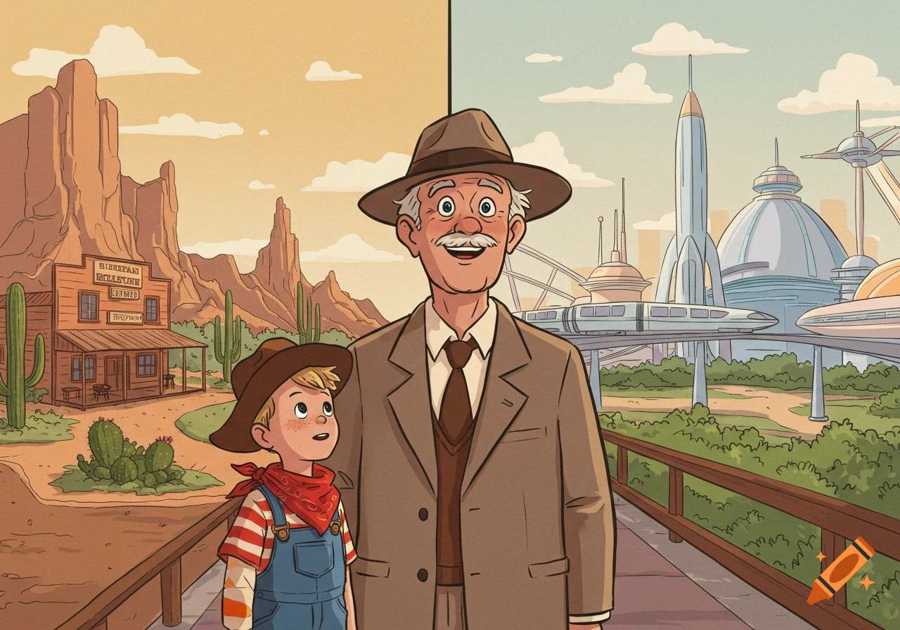 Cartoon image split down the middle: an old man and boy look at an Old West town on the left and a futuristic city on the right.