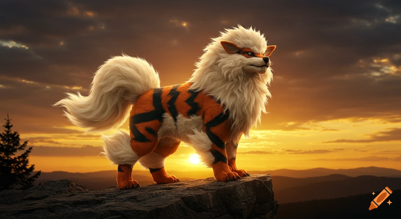 A majestic, photorealistic Arcanine-like creature with striped fur and a cream mane stands on a rocky cliff at sunset.