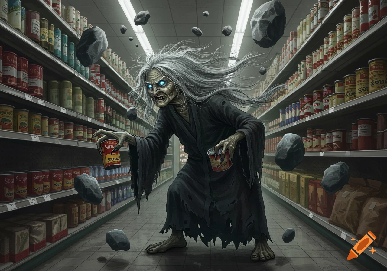 A grotesque hag with glowing blue eyes holds soup cans in a dark grocery store with floating rocks, in a horror fantasy style.