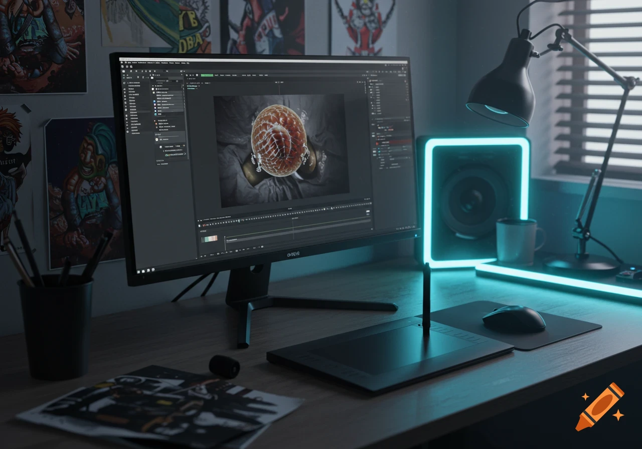 Modern creative workspace with a large monitor displaying 3D rendering, graphics tablet, and teal ambient lighting.