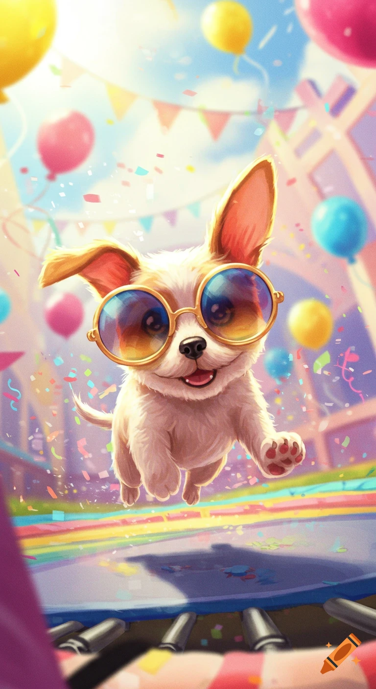 A cute chihuahua dog wearing round, colorful sunglasses jumps on a rainbow trampoline amidst balloons and confetti in a vibrant illustration.