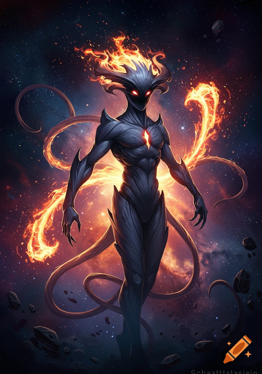 A dark armored humanoid creature with glowing red eyes and fiery horns, surrounded by flames, stands in a cosmic starfield.