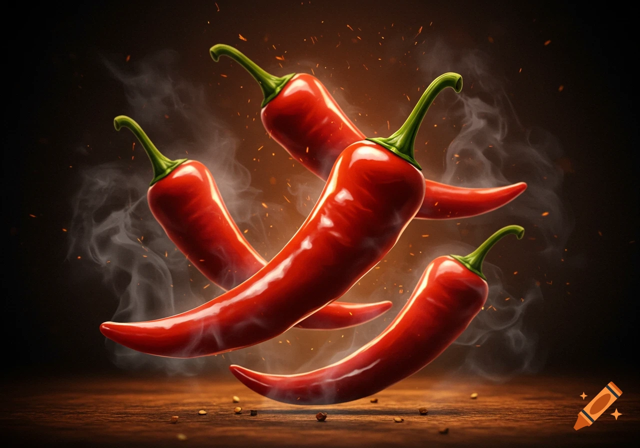 Several vibrant red chili peppers with green stems, some surrounded by wisps of steam and small orange sparks, are shown on a dark background with a wooden surface below.
