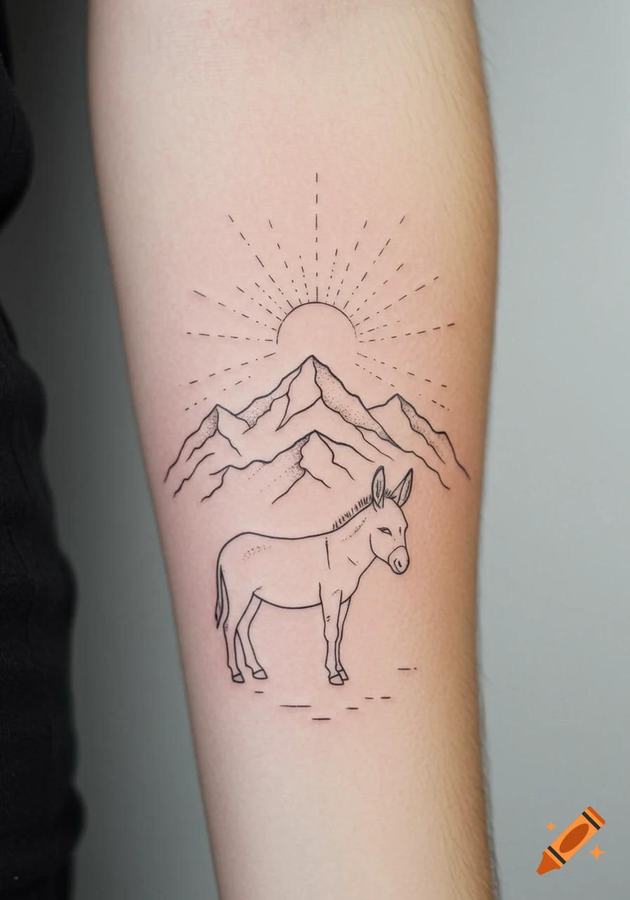 Fineline tattoo on an arm depicting a donkey in front of mountains with a rising sun.