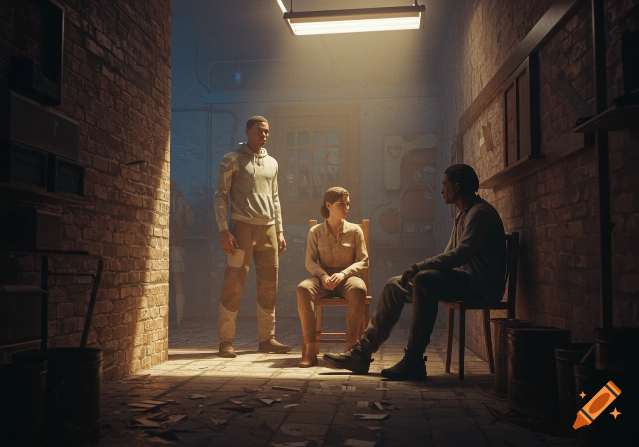 Hyper-realistic cinematic image of three people gathered in a dimly lit, gritty room with brick walls and scattered paper.
