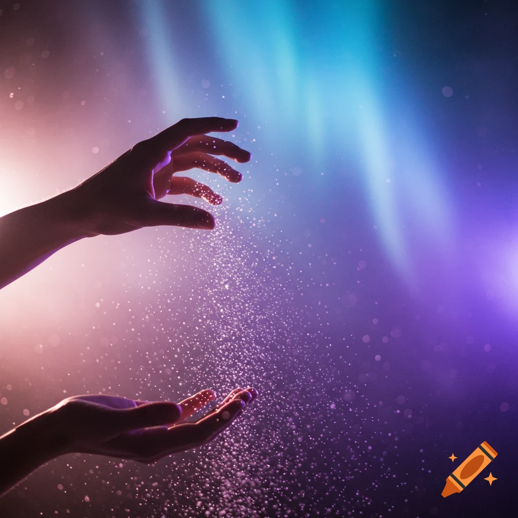 Two hands, one sprinkling shimmering particles onto the other, against a vibrant purple, pink, and blue ethereal background.