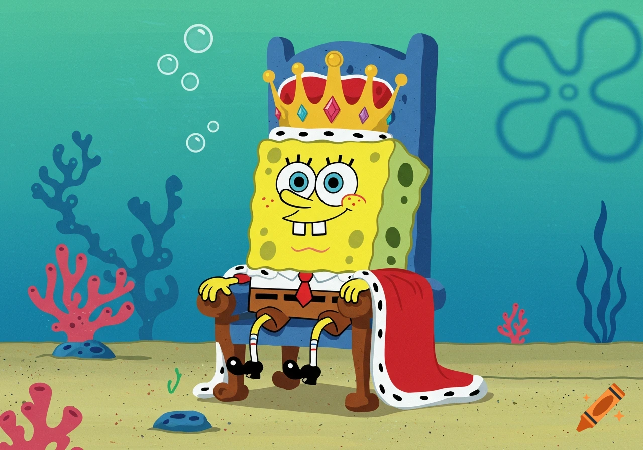 SpongeBob SquarePants sits on a blue throne, wearing a golden crown and a red cape, underwater.
